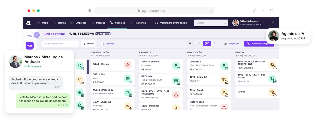 Janela do Agendor CRM com funil de vendas, conversa de WhatsApp e registro feito pela agente de IA