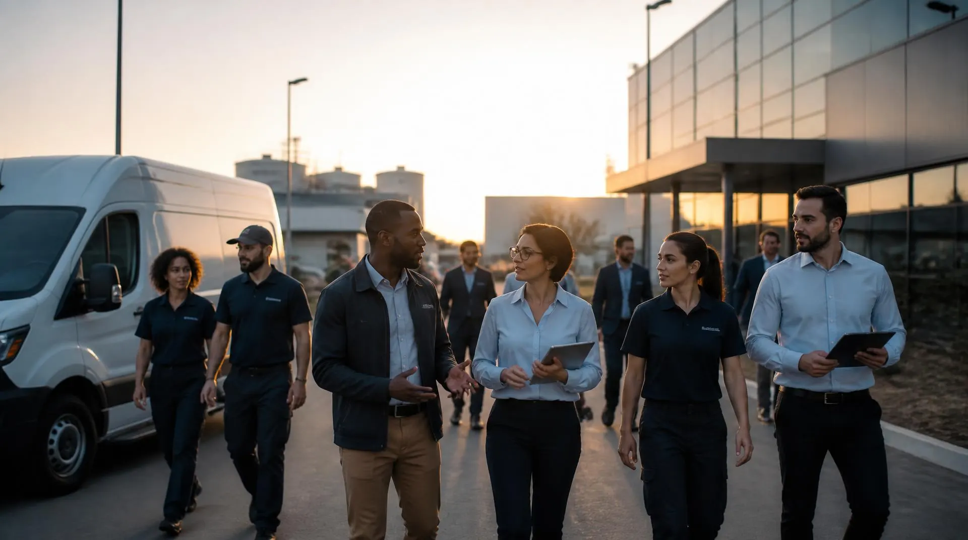Profissionais de diferentes segmentos B2B em um parque empresarial